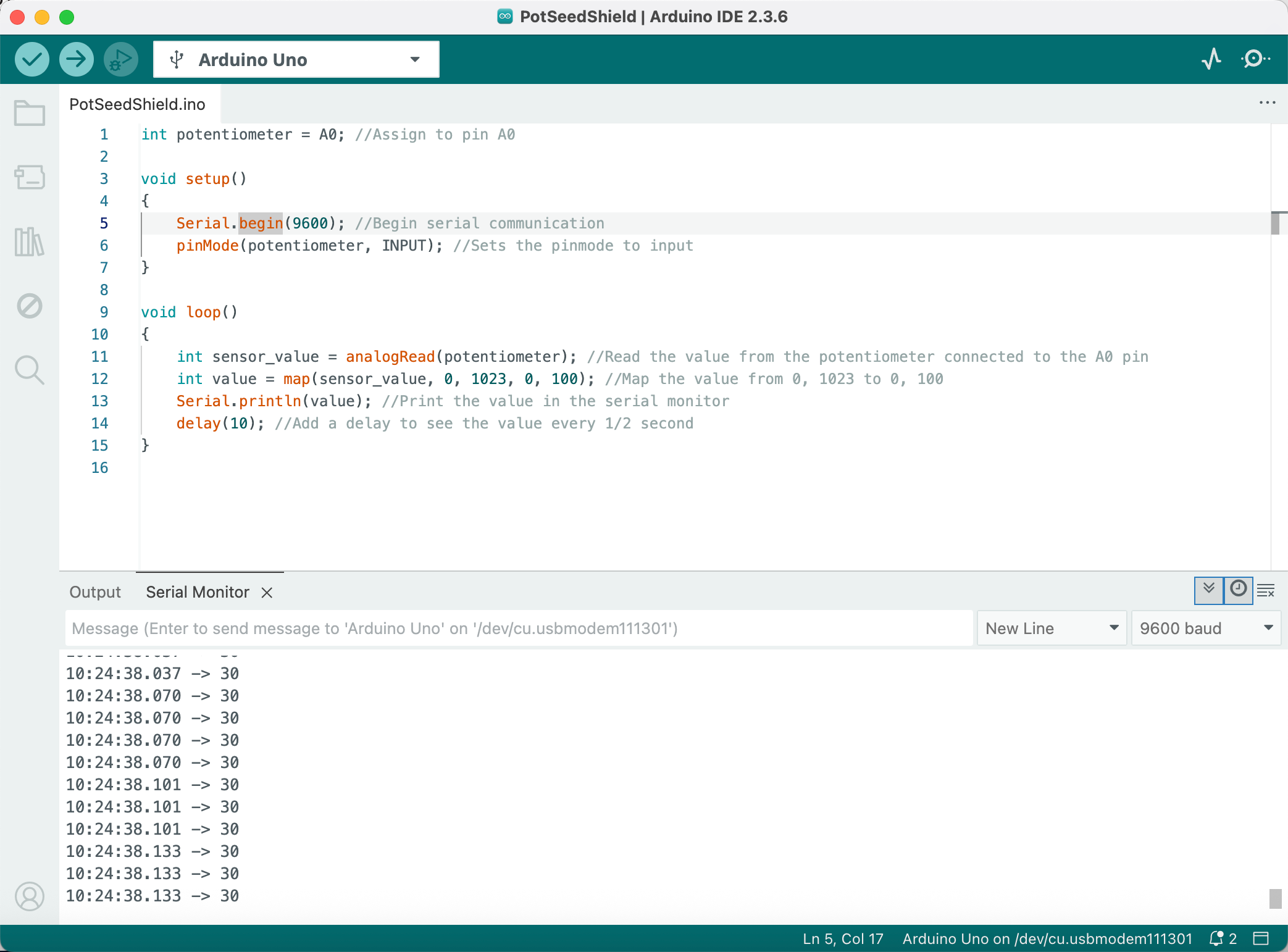 Arduino IDE showing potentiometer serial data from 0–100, verifying sensor output.